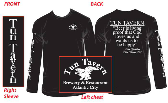 tun tavern merchandise - ben franklin quote tshirt long sleeve with tun eagle logo